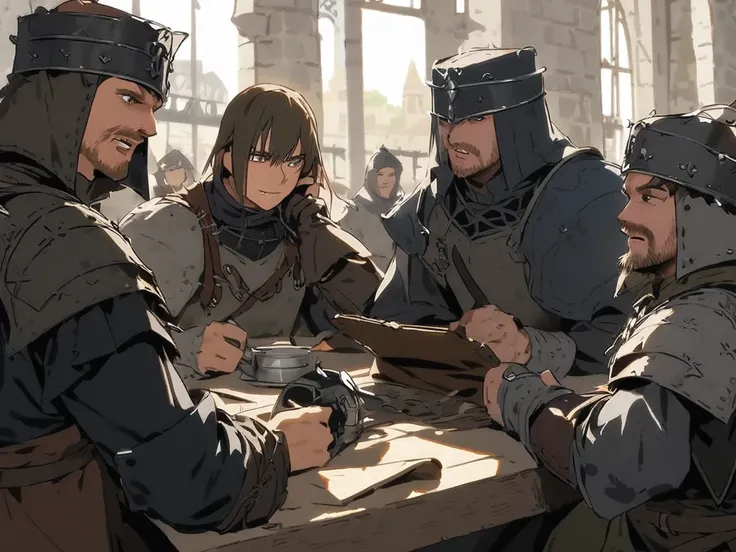 Medieval knights at the round table playing with telephones