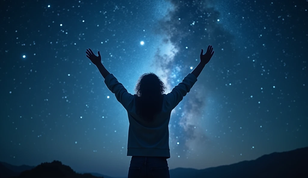 A person standing with arms raised triumphantly under a night sky filled with stars, with a faint mystical glow surrounding them, symbolizing fulfillment and empowerment, ultra-realistic 8K photography, high detail, inspiring atmosphere, high-detail photog...