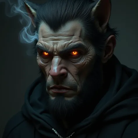 Realistic portrait of a werewolf man with dim red eyes that a faint smoke coming out from the edge of the eyes. The shot is from neck and above and the head of werewolf is slightly turned to the left