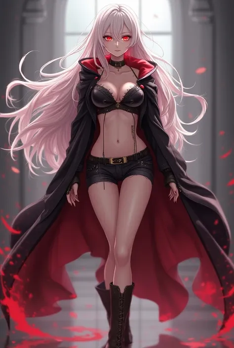 young woman, white pinkish long hair , cunning cold, raging Scarlet red eyes, dark cloak,  stylish clothes suitable for the rulers hero,  black long ankle boots with heels ,  short tight shorts , anime,  art,  big bare breasts,  big booty