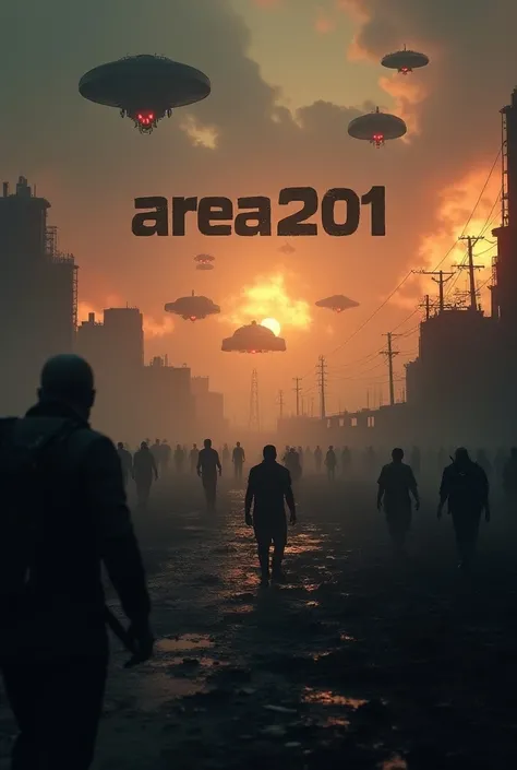 Create a brand logo with the name AREA2201 image of area51 with several aliens invading the planet full HD 4k with apocalypse zombies and a future nuclear world ending 