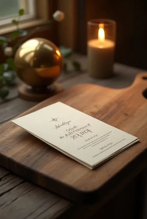 an invitation card on a cutting board with a single light and a golden globe nearby