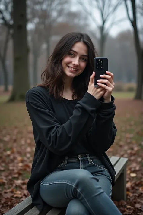 A young woman of about 22 years old ,  with gothic style and dark casual clothing ,  she sits on a bench in Central Park with her feet on the bench ,  greeting the camera with one hand while holding a Samsung S23 Ultra in the other .  He wears a dark t-shi...