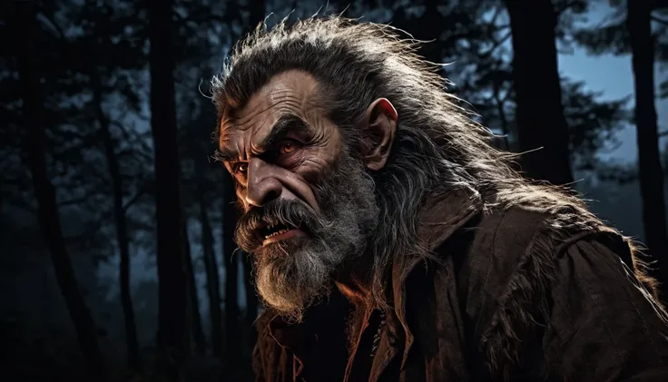 Half a profile of an old man, bearded, furry, Classic human werewolf, scary,  long hair rowdy widows peak ,  long teeth pressed sharp ,  ultra realistic reddish brown eyes,  thick hairy eyebrows ,  pointed furry ears ,  ragged clothes , aggressive, WILL DO...