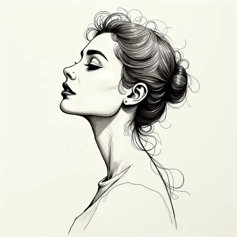  Drawing with ink technique , of a woman in profile ,  applying soft and blurred lines ,  artistic lights and shadows through gradients and thick lines, 