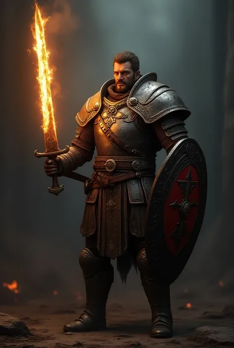 Generate an image of a realistic video game character from the middle ages, a warrior with a burning sword and a shield  