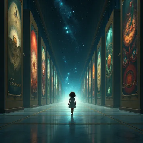  A small, pretty girl is walking into the dark ,  space-like long portal to the far end . and on both sides of the portal there are large panels one by one ,  with very detailed images of all the events in the girls life that will happen to her in the futu...