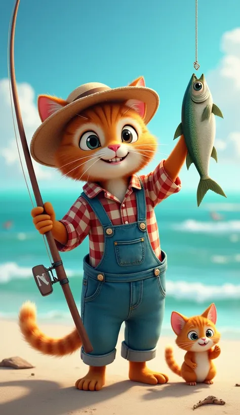 "The dad cat, dressed in picnic clothes, proudly holds up a freshly caught fish with his fishing rod. He looks excited and a little proud, with the blue water of the beach behind him and the kitten cheering him on from nearby."