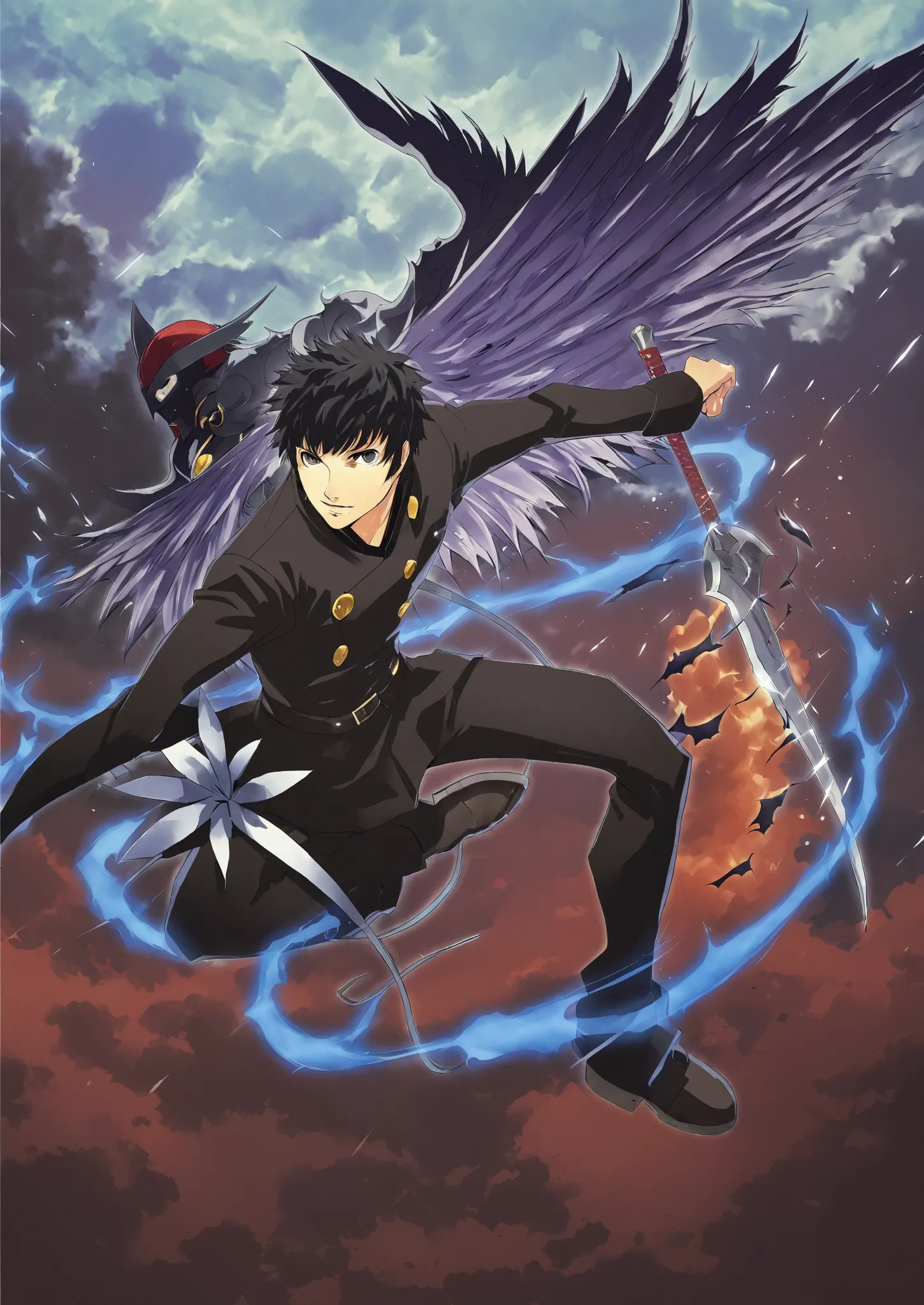 anime - style illustration of a man with a sword and a demon, shigenori soejima illustration, epic anime style, flying anime esp...