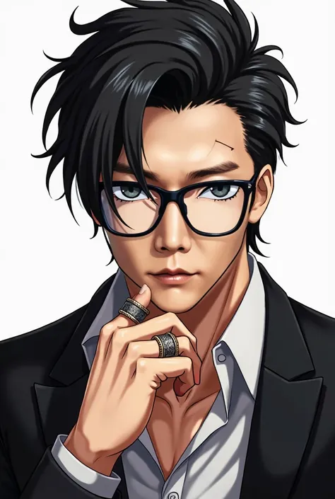 black hair,a serious face, wearing glasses, rings on his hands, handsome,serio,masculino,white,ANIME,MANGA