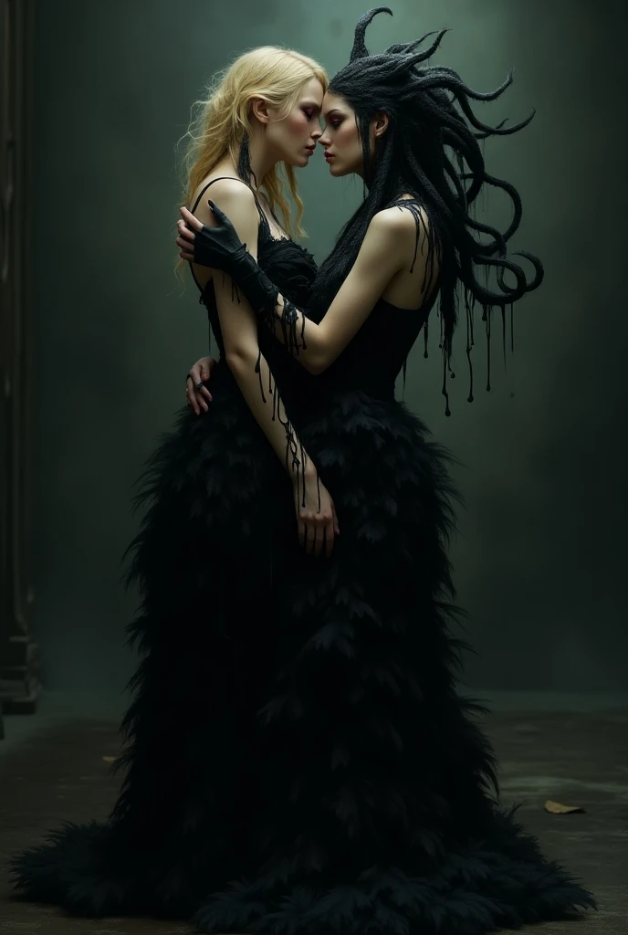 Create an image with a melted black monster and a beautiful woman with red eyes, blonde hair and fair skin with black feather dress . dark image 