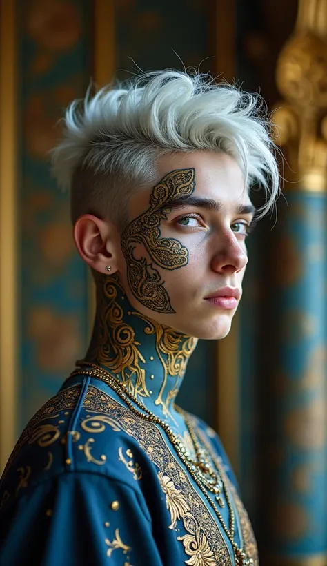 A young, silver-haired visionary stands confidently in a lavish, baroque-inspired setting, where ancient and futuristic elements converge. Intricate, swirling patterns of gold and sapphire adorn his face and neck, blending with metallic accents, tattoos, p...