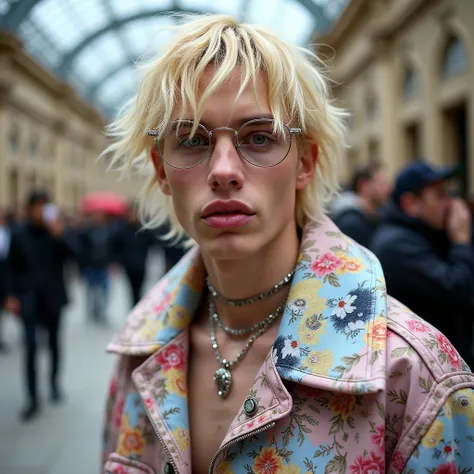 full photo of a handsome 20-year-old blond guy, completely queer, with very thick siliconized lips, covered in rings and jewelry, decorated nails and dressed in crazy hyper-fashion clothes, luxury slides and white transparent socks, strutting his stuff at ...