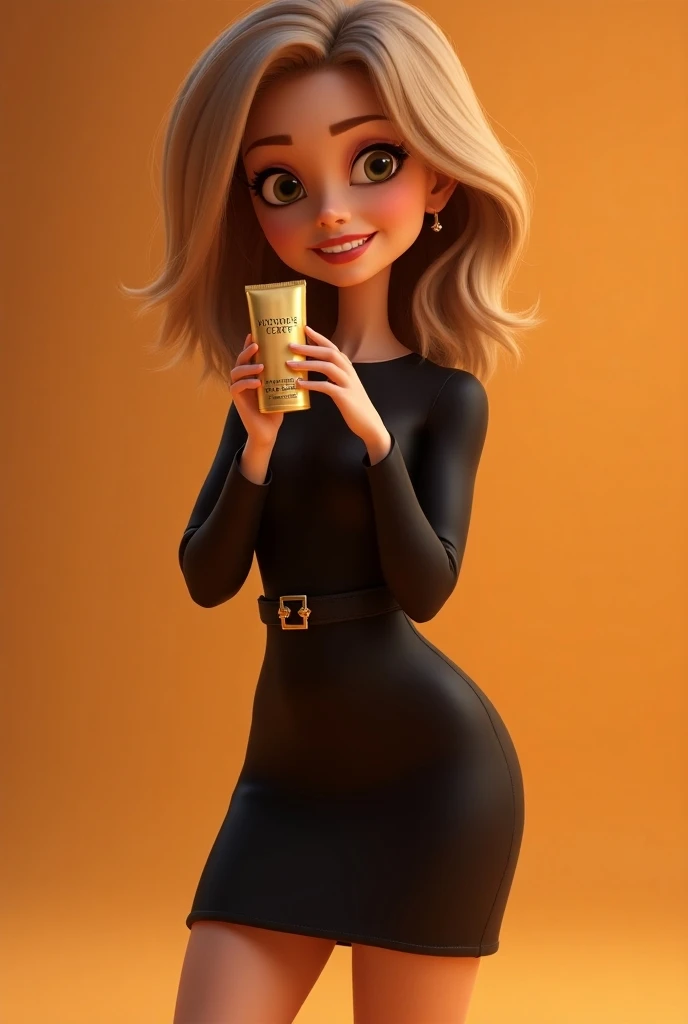  Pixar style 3d poster of a woman has light hair ,  brown with shades of blonde , and it&#39;s loose,  falling on the shoulders .  She wears a medium-length black dress ,  with long sleeves and a belt at the waist that highlights her silhouette. On the fee...