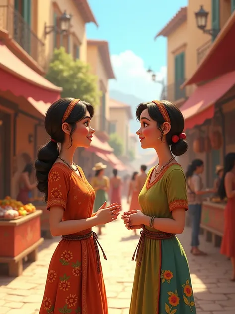 animated image of two ladies in the market square telling their stories