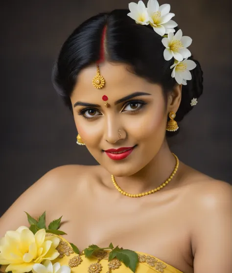 red top bikni, there is a woman in a yellow dress with a flower in her hair, inspired by raja ravi varma, photo taken with nikon...