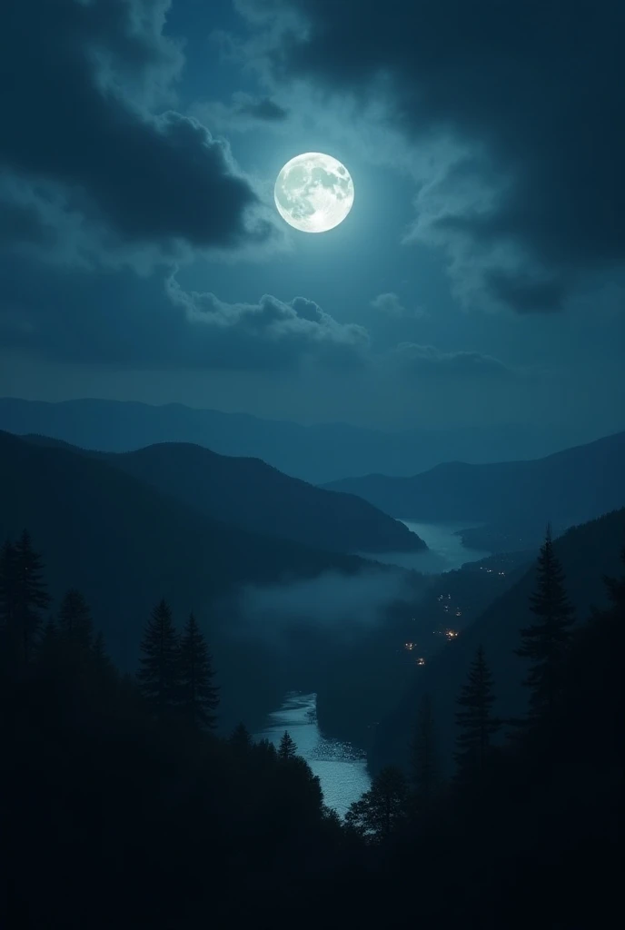 image:  Panoramic view of the tiny town of Princesa Isabel-PB at night ,  with a full moon in the clouds and a gentle mist over the dam in the background, leaving the atmosphere dark and mysterious .
 Narrative text  (At the top): “It was a full moon night...