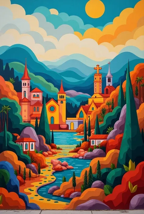  I need to create a mural inspired by Funza Cundinamarca  ,  that speaks of your territory  ,  of the identity of its people and of peace  ,  place or use images inspired by Funza Cundinamarca,  Use geometric figures ,   make a simple design place the pari...