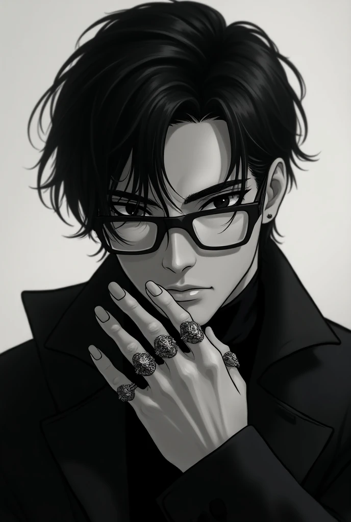 black hair,a serious face, wearing glasses, rings on his hands, handsome,serio,masculino,white,ANIME,MANGA,monocromatico