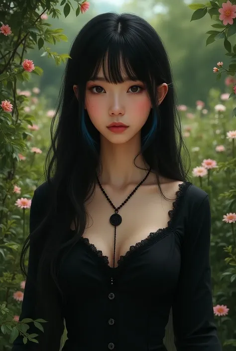 Could you create a drawing of a 25-year-old white girl?, with thin face, dark-eyed, thin lips, with long black hair ,  curled at the tips ,  with straight bangs covering her eyebrows and blue highlights at the tips, wearing a black necklace and dress in me...