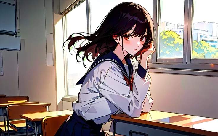 Manhwa style schoolgirl black hair, brown eyes, pale skin, school korea uniform, morning day in class looking window