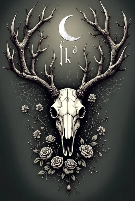 Gothic style elk skull tattoo with vines and spider webs wrapped around horns, initials that spell “ELK”, with roses, a crescent moon and spider webs