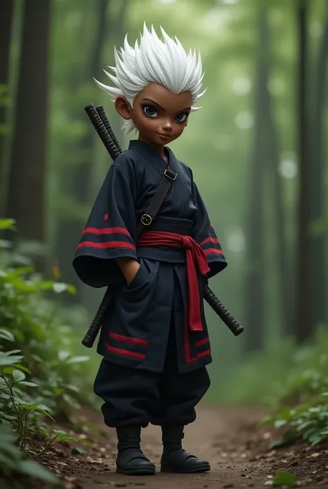 [Prompt Personagem:  ,  White Hair pointed style , brown skin,  pointed red eye stripes ,  black eyes,  wears a Kimono with pointed red stripes on the tips of the sleeves and at the end,  ninja pants with ninja equipment a ninja slipper ,  art from Narutos...