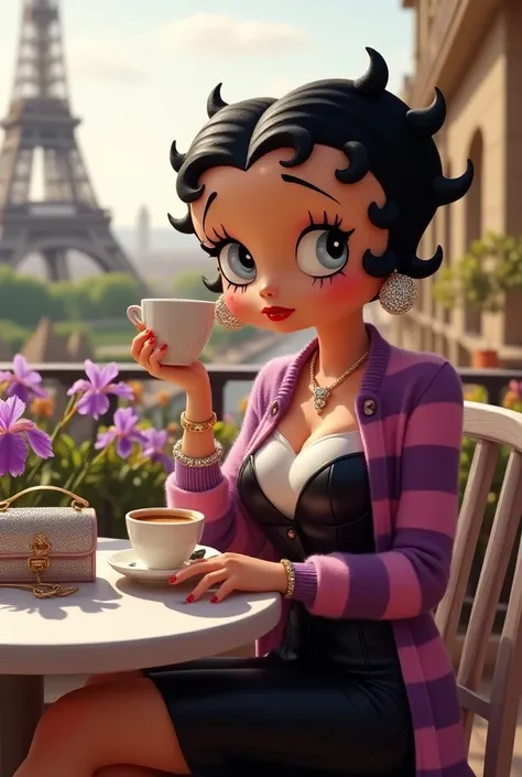 Betty boop, wearing purple pink striped cardigan, white T-shirt, black leather dress, “lady Dior” handbag on table, earrings, necklace, bracelet, all in diamond, enjoying breakfast at romantic outdoor cafe in Paris, cappuccino coffee, background Paris icon...