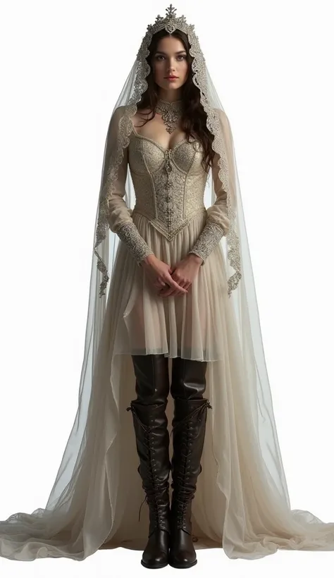 full body of a woman in a dress with a veil, feet together, standing feet together, military boots, beautiful fantasy maiden slave warrior, beautiful fantasy art portrait, fantasy Victorian art, medieval fantasy art, beautiful and elegant queen Roxxane, po...