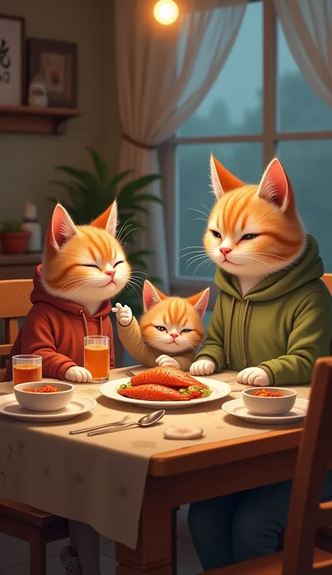 "The dad cat, mom cat, and kitten are all sitting around a dinner table at home, wearing home clothes, eating the fish they caught. The table is set with plates, side dishes, and drinks.