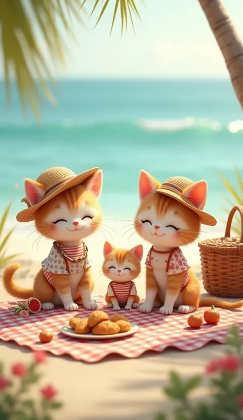 "The dad cat, mom cat, and kitten are sitting on a picnic mat spread on the beach sand, surrounded by a picnic basket and snacks. They’re all dressed in picnic clothes, relaxing together, 