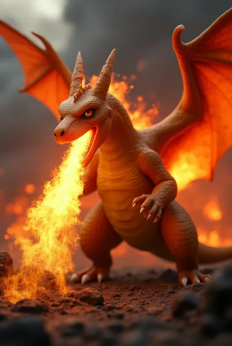 A highly realistic, 3D-rendered image of a Charizard-inspired creature in a volcanic landscape, breathing a stream of intense fire. The creature has scaly, textured orange skin, large wings with leathery membranes spread wide, sharp claws, and fierce, dete...