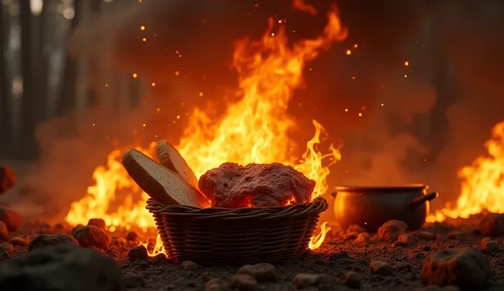 an ultra realistic image, 4k, the fire consumes the meat in a basket with the bread and the broth in a pot rising to the sky, low view camera