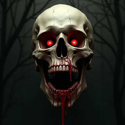 Make an image of a macabre skull with red eyes and blood coming out of the mouth