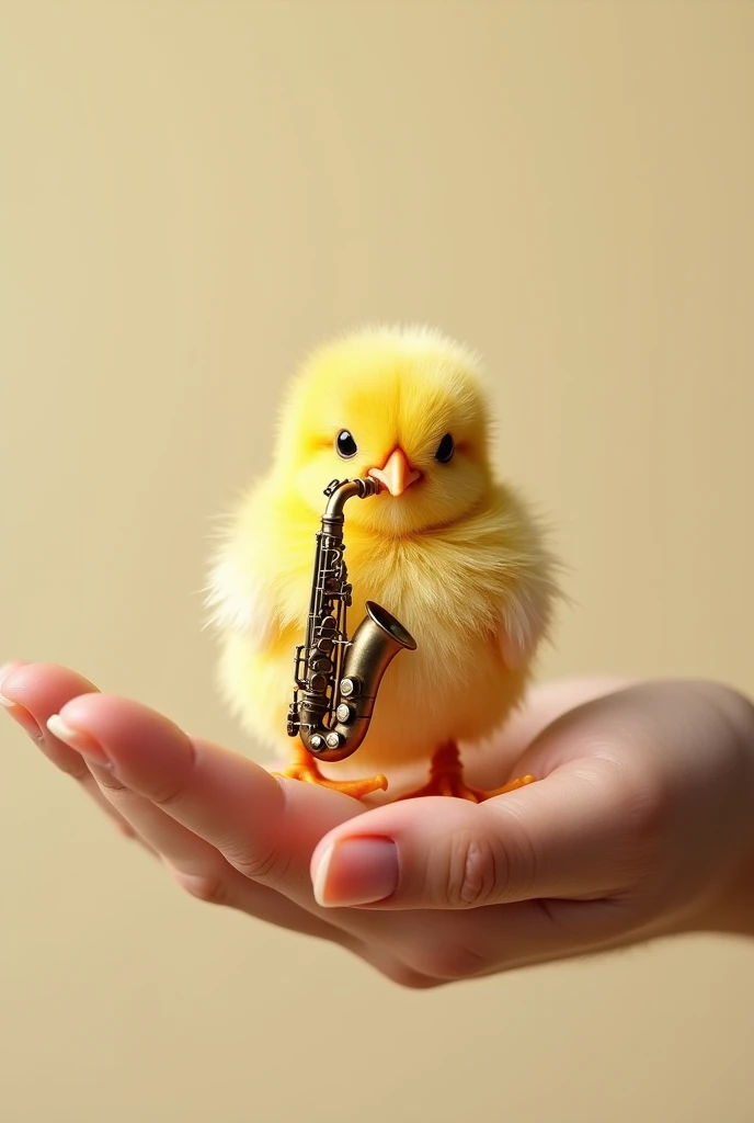 a miniature chick playing a saxophone in the palm of a hand