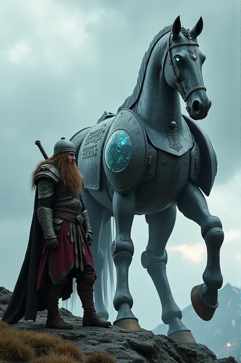 "A formidable Viking warrior in traditional battle attire, with a braided beard and a helmet adorned with ancient runes, stands beside a colossal mecha horse. The horse, entirely metallic, has a futuristic appearance with gleaming armor plates, glowing ice...