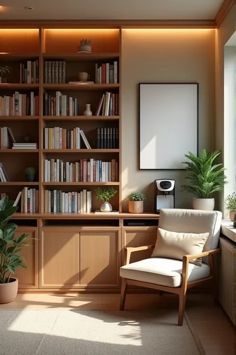 Create the interior of a psychology office, cozy and cozy ,  with capsule coffee machine ,  bookcase and space for ren. 