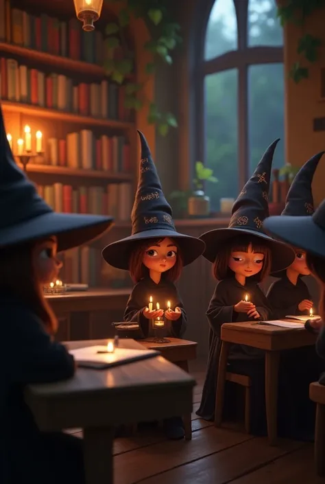  Witches and Sorcerers in a classroom sitting in their robes and dotted hats, waiting to see a class , Pixar