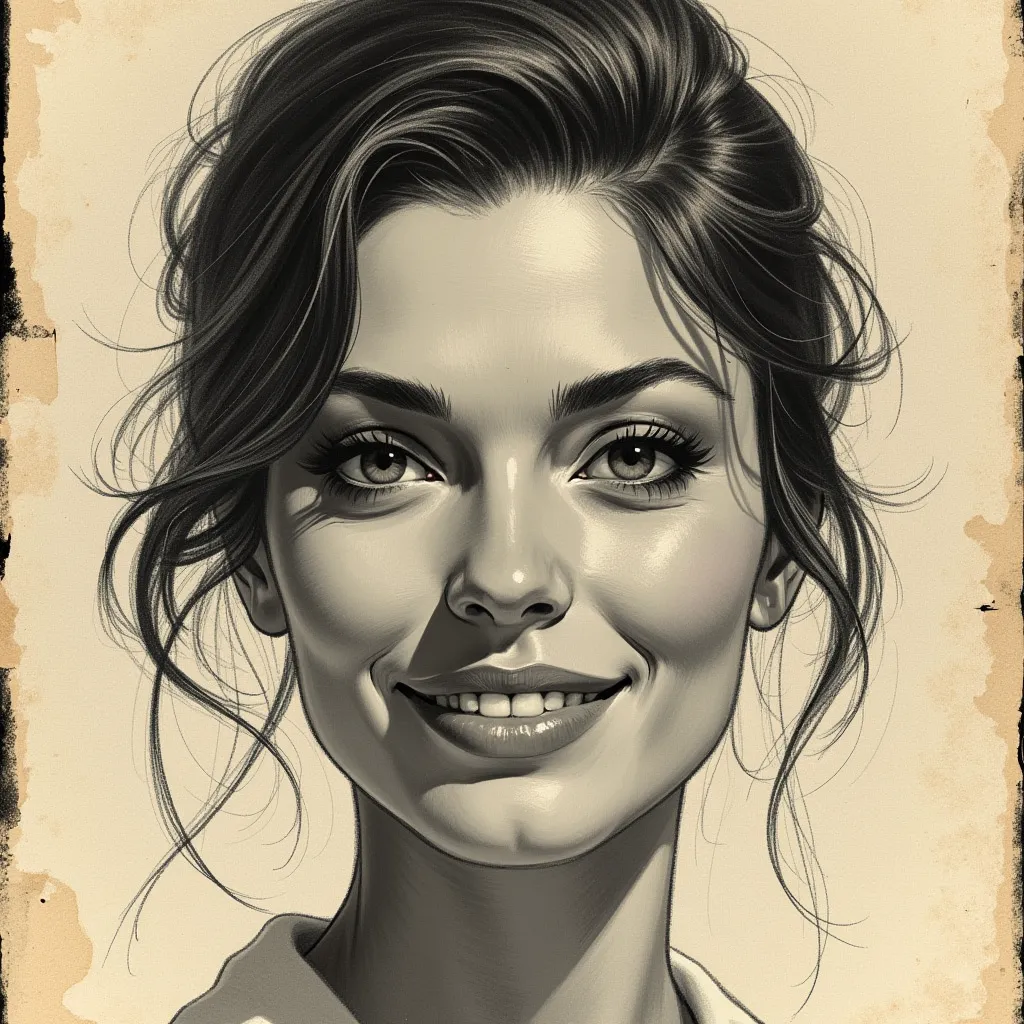 smiling woman with a raised eyebrow with a warning expression. sketche, detailed features, beautiful and antique style, high con...