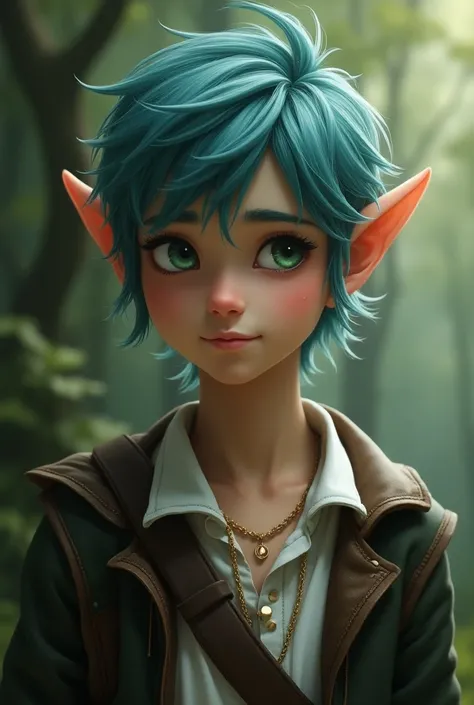 an elf boy in his twenties, with cyan hair tied back, green eyes. He wears a white shirt, over a leather coat