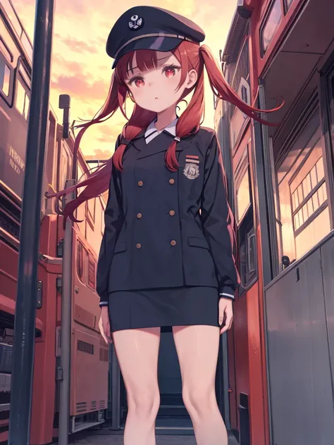  1 girl, Alone, Red Hair, red eyes,  twin tails, employee uniform ,   pencil skirt, Skeleton pattern, Navy Cap, Orange Sky,, Outdoor, station, Standing in front of the bus,, 