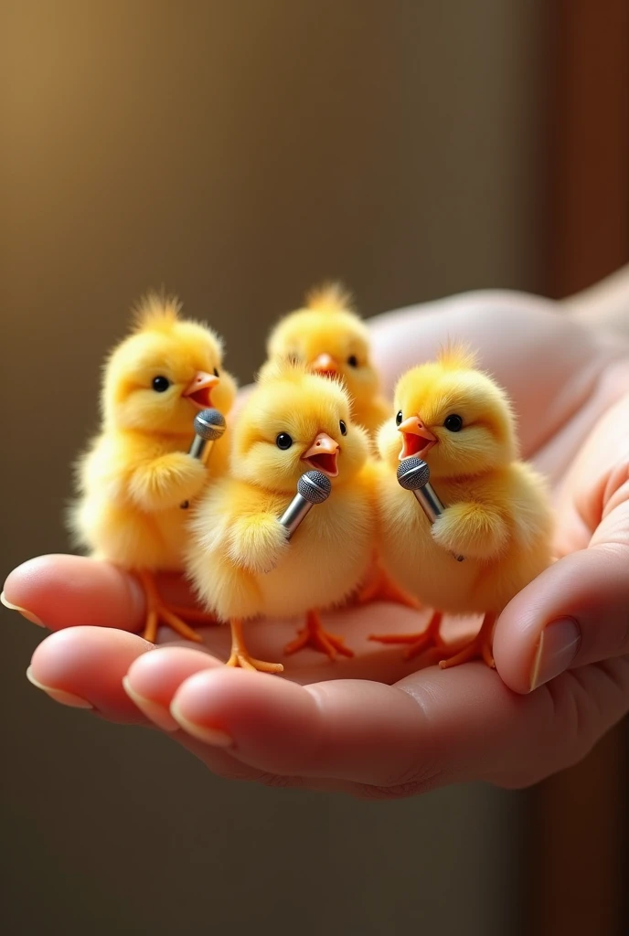 four miniature chicks singing with microphones in the palm of a hand