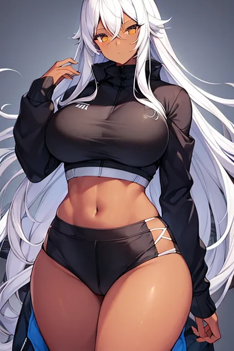 1girl, dark skin, black skin, dark-skinned female, white hair, long hair, large breasts, wide hips, thick thighs, sportswear, shy, sports bra, hourglass figure, mature female, skin tight, tight clothes, jacket, cropped jacket