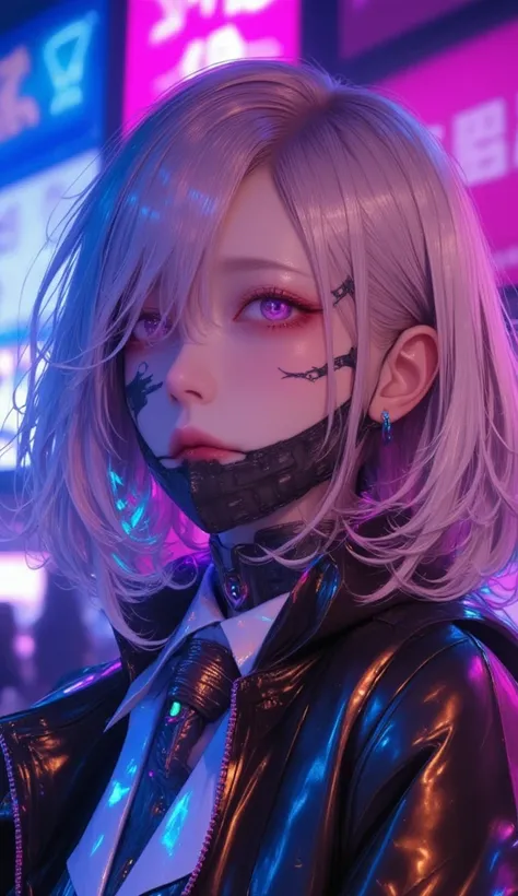 1girl,gal,masterpiece.Highest quality.4K.Headphones、 cyberpunk、pink haired、Blue Hair、Goth_punk, One Girl, Alone, Medium Shot, Walking around Harajuku, ((at night)), Bokeh Depth of Field, Neon Light, Rainbow Eyes, Starry Sky, 白くShiny Hair, White eyebrows, S...