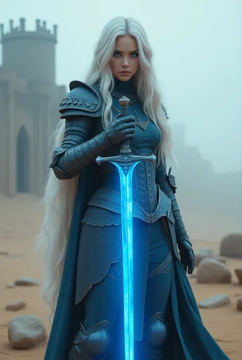 Masterpiece, ultra realistic, (1girl), (intricate clothes armor), freckles, (beautiful face:1.2), (blue eyes:1.2), (white long hair), (1glowing blue sword stabbed in the ground), (desert background), (desert castle), stones, foggy weather, a beautiful fema...