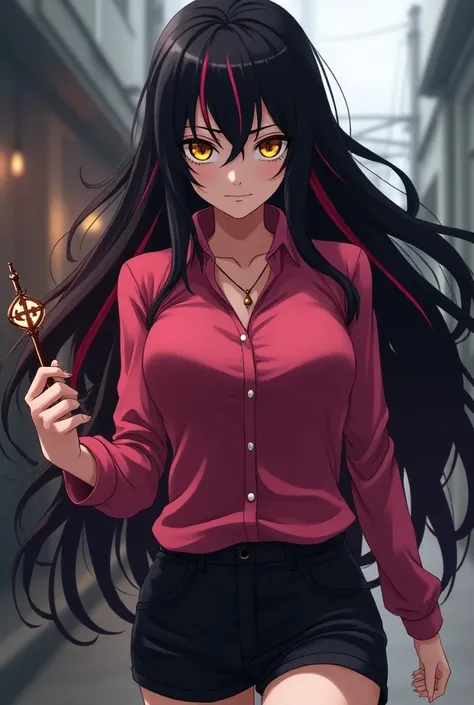   A woman with long black hair with red and yellow locks , her eyes were yellow-black   ,   and she wore a tight pink blouse and black shorts ,   in her hand she had an Oz like the one of death   , Naruto Shippuden anime style
