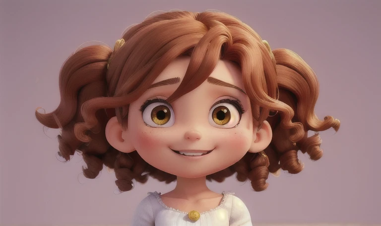 Chibi 1, 1 Brazilian woman fair skin: 5, beautiful smile, ((half body))) ")" realistic shadows, bright eyes, detailed skin, light, slightly shiny eyes, pose for photo, long, light brown, curly hair, Very detailed, Highly detailed 8k Face, Perfect face shap...