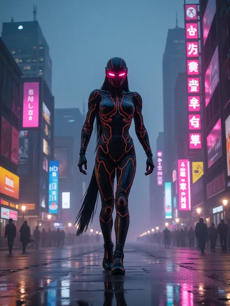 IMG_4820.CR2: ((Masterpiece)), ((high-contrast, cyberpunk style)), (futuristic cyborg with a sleek, metallic body), ((standing amidst neon-lit skyscrapers at night)), ((rain falling and reflecting colorful neon lights on the ground)), (background filled wi...