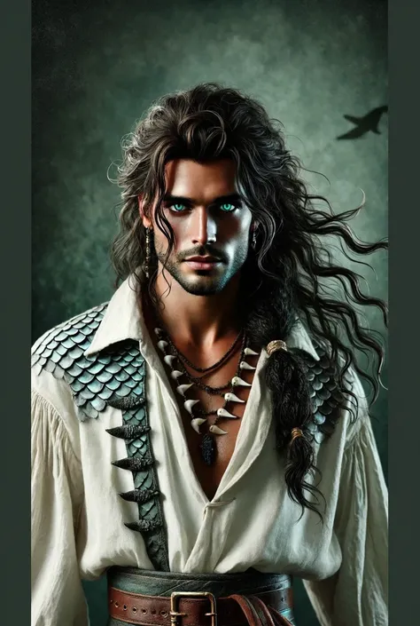 Rafael the sexy vampire/siren, Victorian style, zoom out the provided image • Hair: Long, dark, cascading in loose waves, with a few pirate braids woven in—a reminder of his days at sea. • Eyes: Deep sea-green or icy blue, with an almost hypnotic quality t...