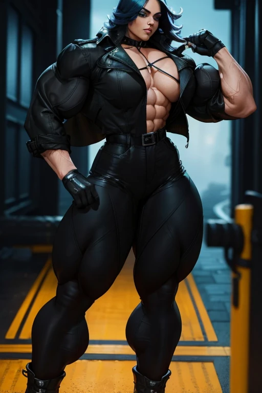 ((Close-up)), tall, ((cyan hair)), beautiful muscular woman, (long hair), white skinned, closed smile, large breast, (black lipstick), (massive muscles), (hyper muscle), (((ginormous bulky muscles))), purple eyes, ((((Wearing trench coat, Black V-Neck Inne...